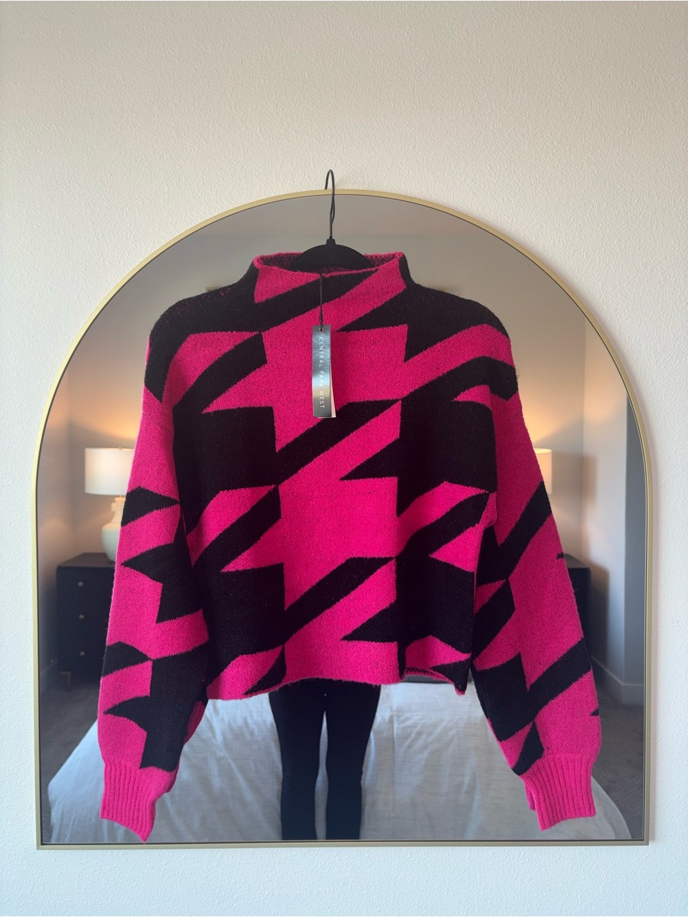 Central Park West Black & Hot Pink Geometric Turtleneck Sweater